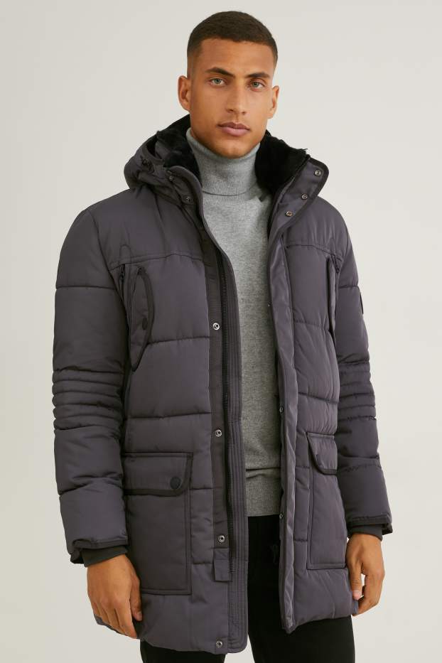 Men - Parka with hood and faux fur trim - winter - dark gray