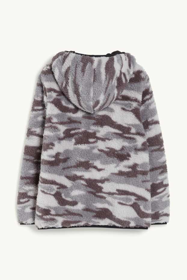Children Boys - Teddy fur jacket with hood - patterned - gray-melange