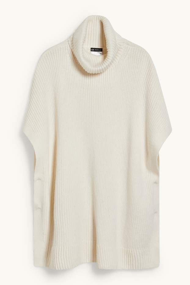 Dámské - Pletené pončo s kašmírem - krémově bílá