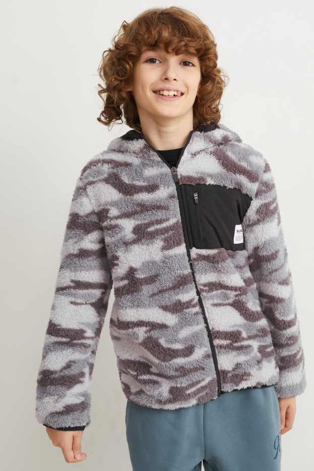 Children Boys - Teddy fur jacket with hood - patterned - gray-melange