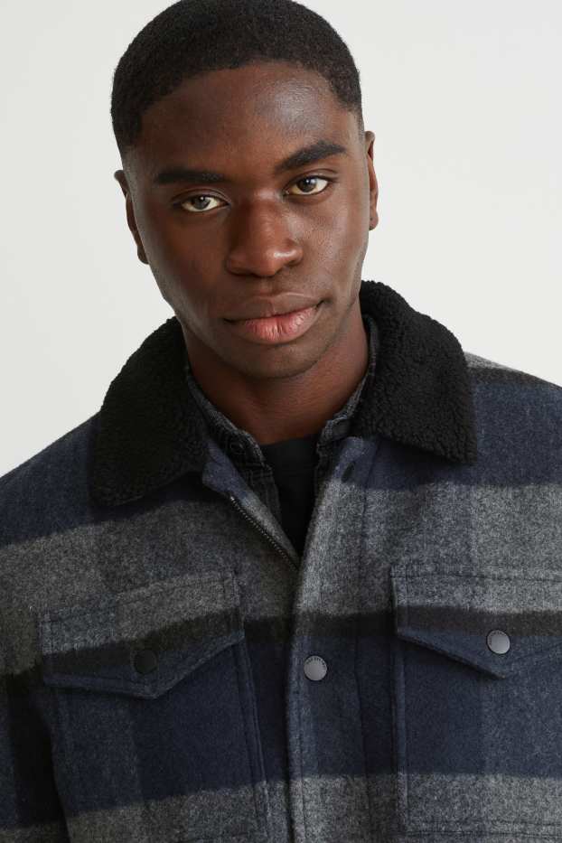 Pánské - Bunda - kostkovaná - šedá/tmavomodrá