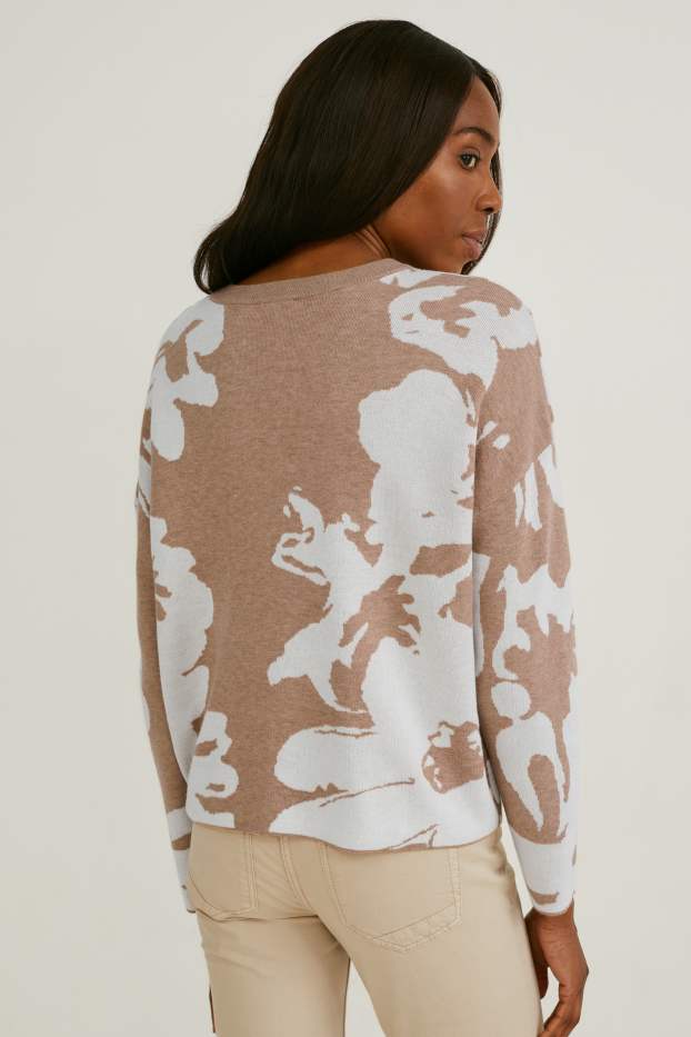 Women - Jumper - floral - brown-melange