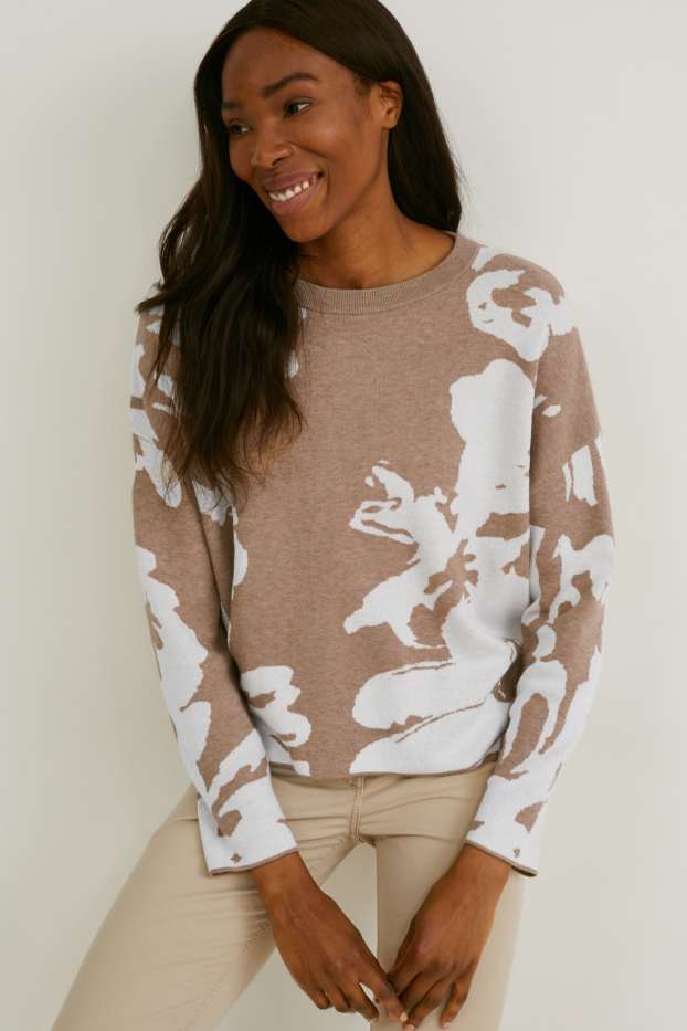 Women - Jumper - floral - brown-melange