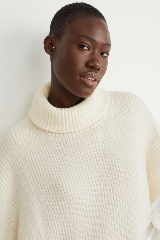 Dámské - Pletené pončo s kašmírem - krémově bílá