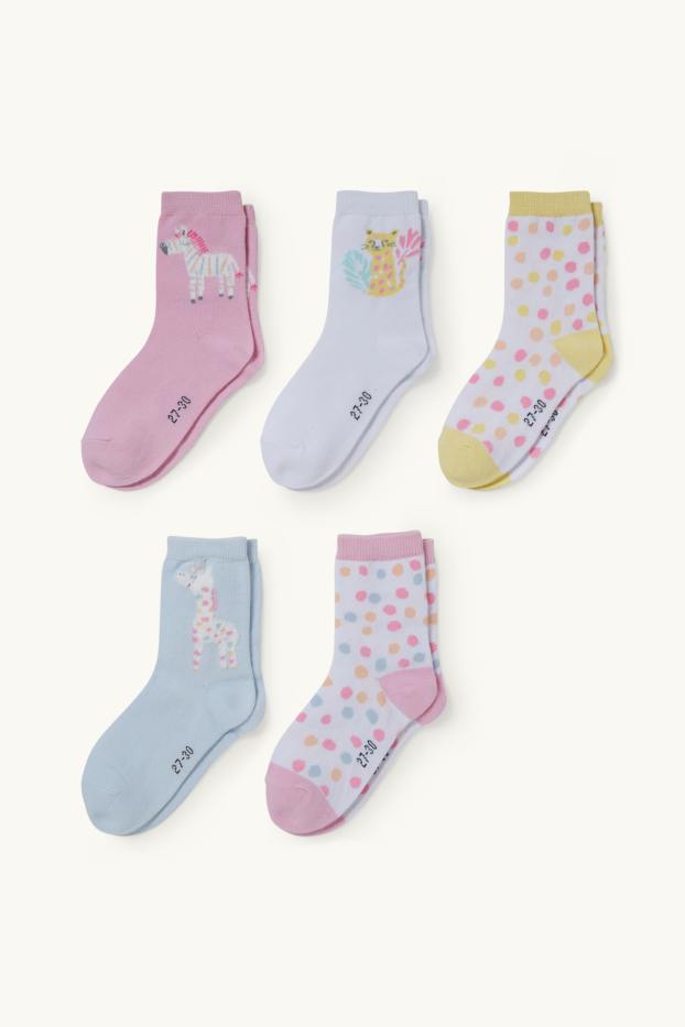 Enfants filles - Lot de 5 paires - animaux - chaussettes à motif - blanc / rose