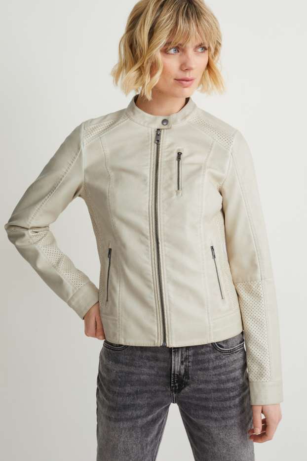 Damen - Bikerjacke - Lederimitat - hellbeige