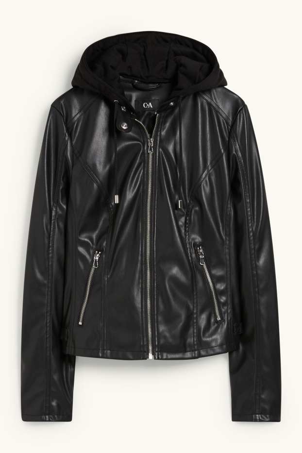 Donna - Giacca con cappuccio - similpelle - nero