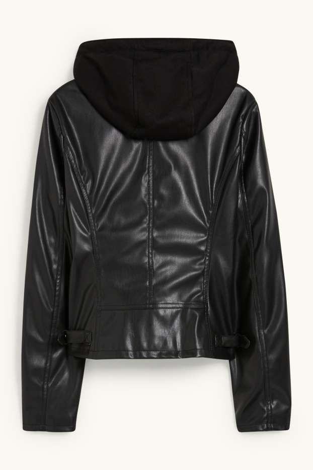 Donna - Giacca con cappuccio - similpelle - nero