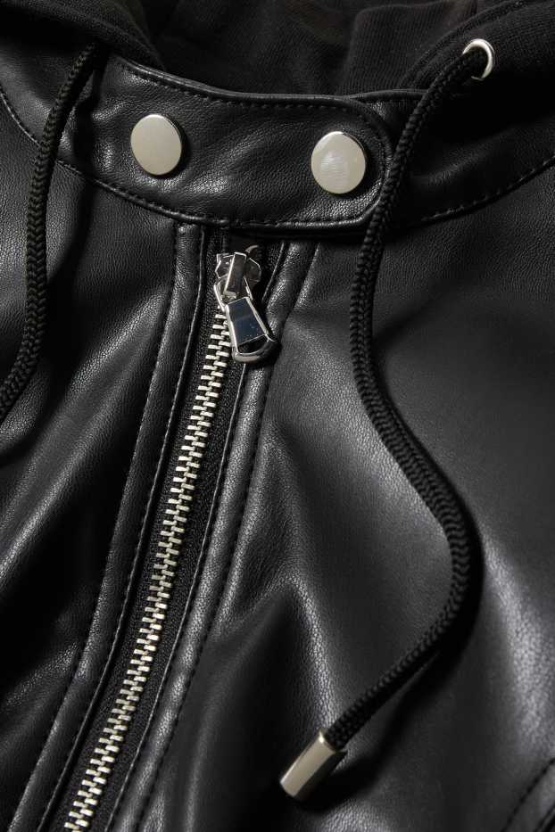 Donna - Giacca con cappuccio - similpelle - nero