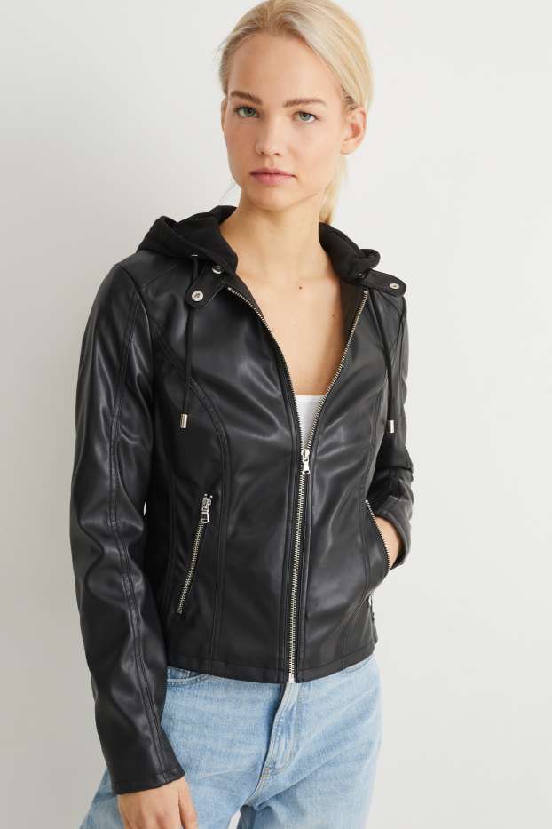Donna - Giacca con cappuccio - similpelle - nero