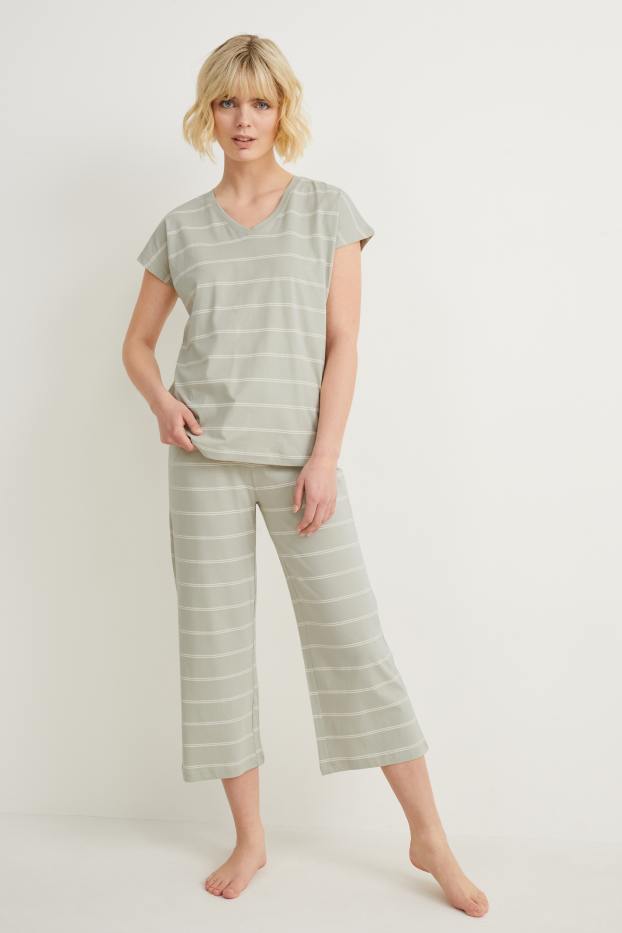 Femei - Pijama - cu dungi - verde deschis