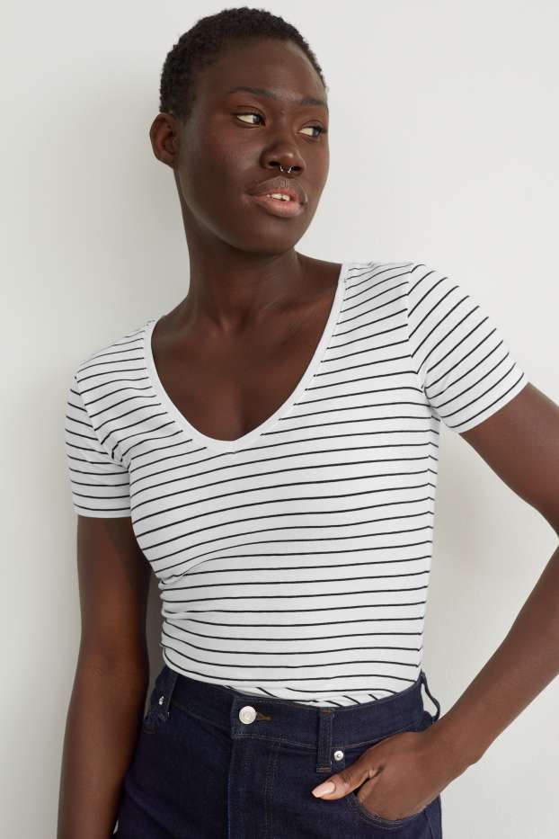 Women - Basic T-shirt - striped - white