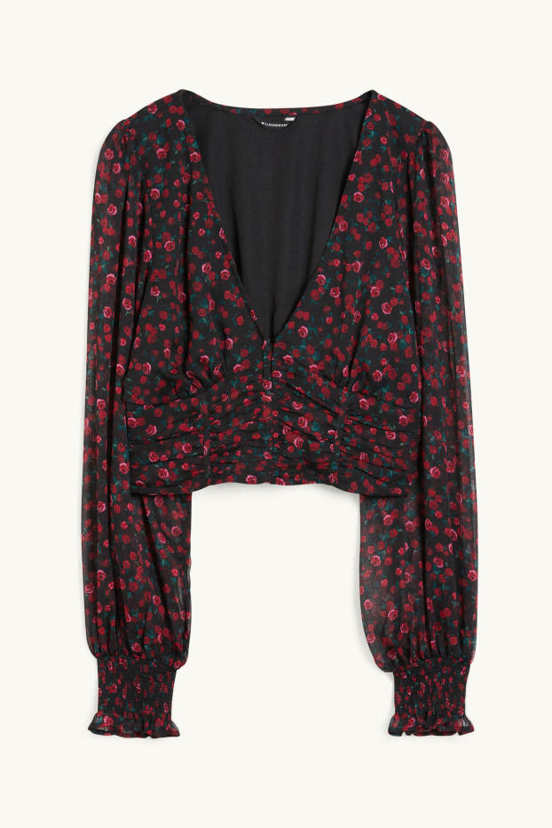 Donna - Blusa dal taglio corto - a fiori - nero