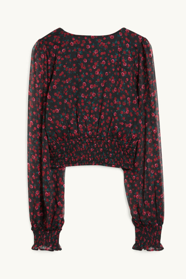 Donna - Blusa dal taglio corto - a fiori - nero