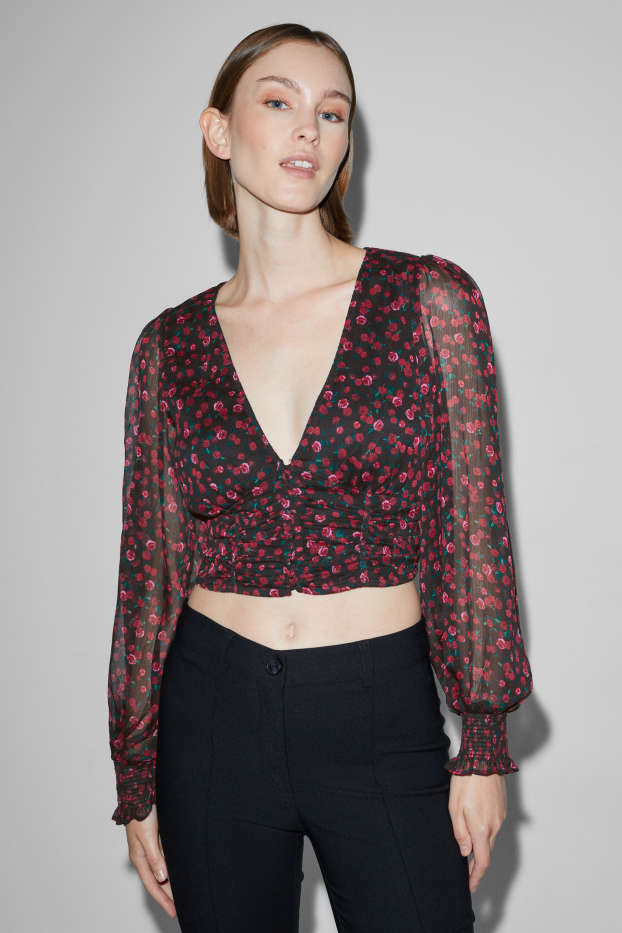 Donna - Blusa dal taglio corto - a fiori - nero