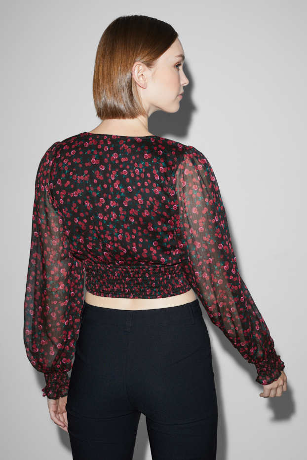 Donna - Blusa dal taglio corto - a fiori - nero