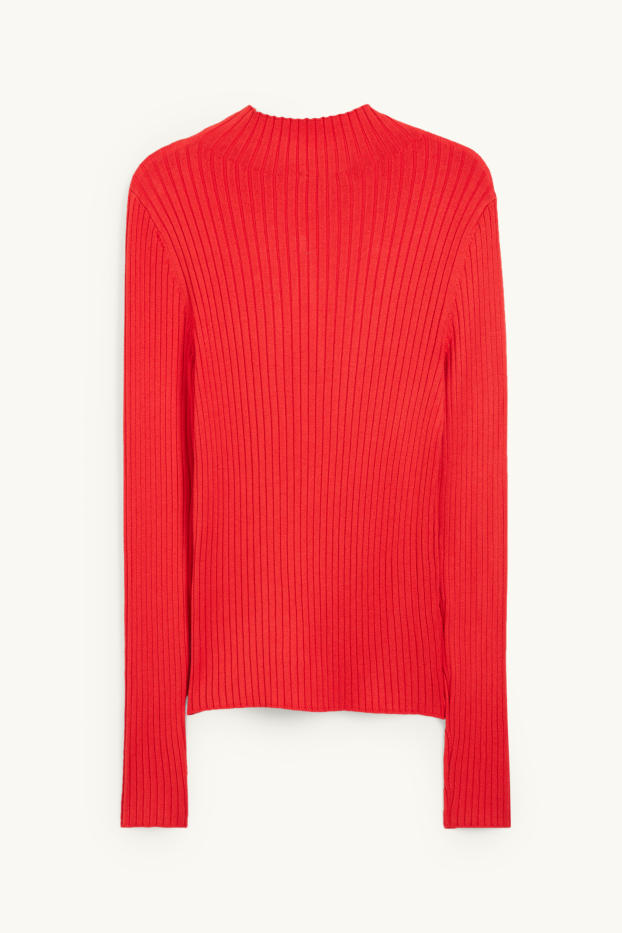 Women - Jumper with band collar - ribbed - red