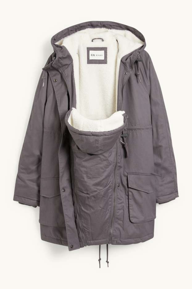 Dámské - Těhotenská parka s kapucí - nosící - šedá