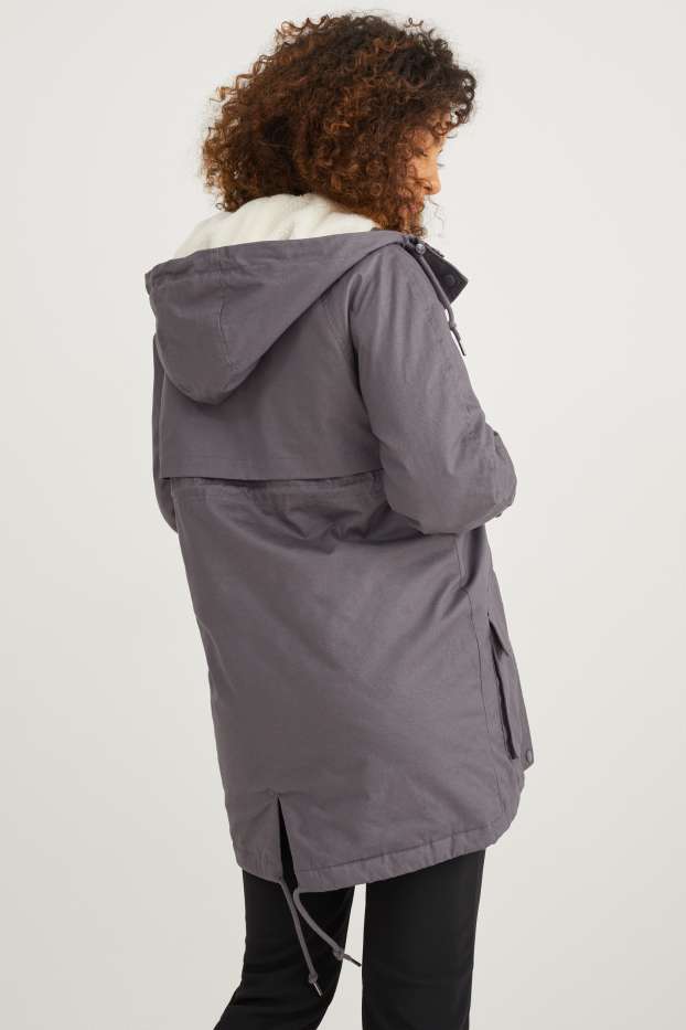 Dámské - Těhotenská parka s kapucí - nosící - šedá