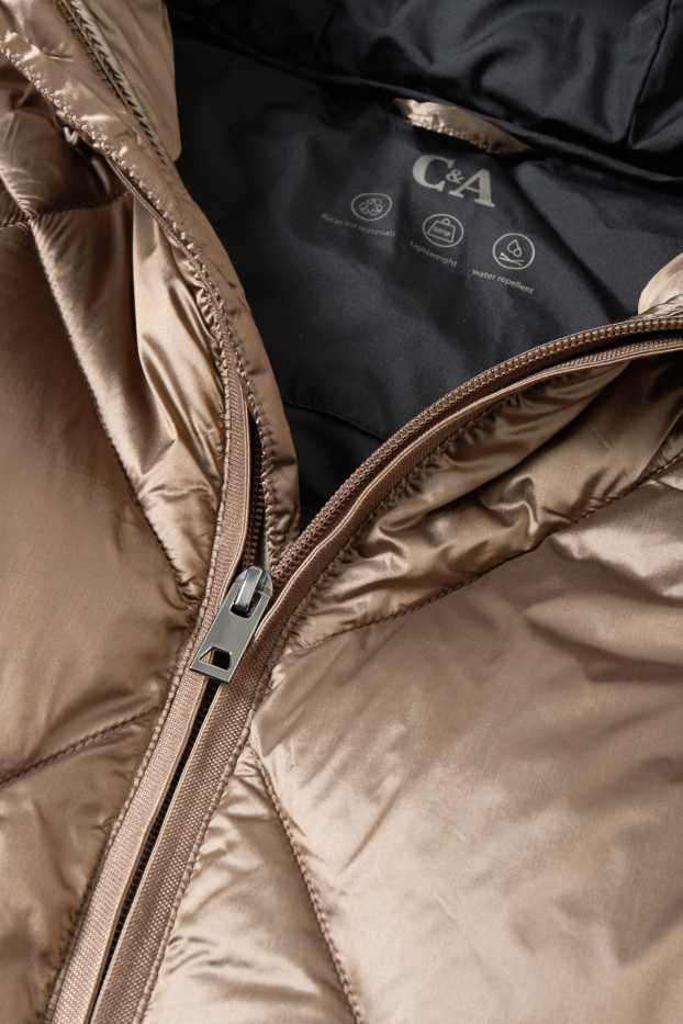 Women - Long quilted gilet with hood - beige