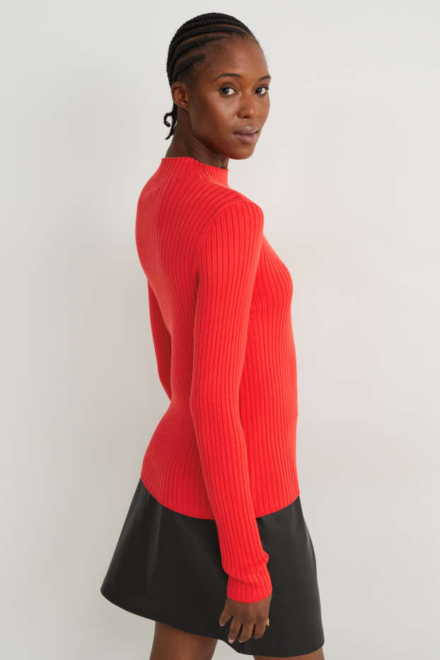 Women - Jumper with band collar - ribbed - red