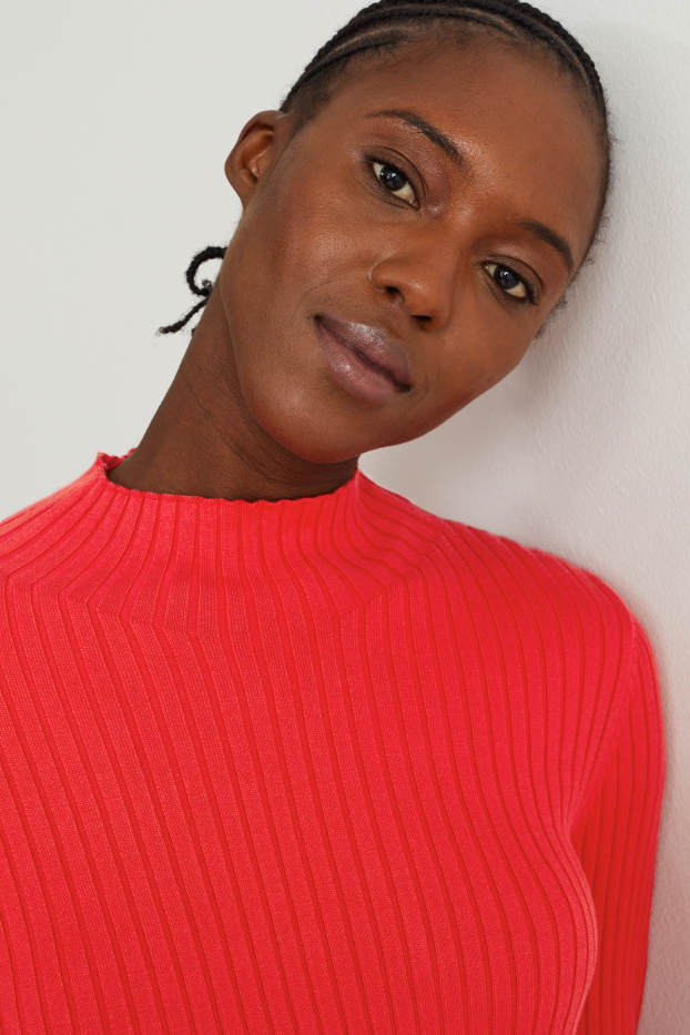 Women - Jumper with band collar - ribbed - red