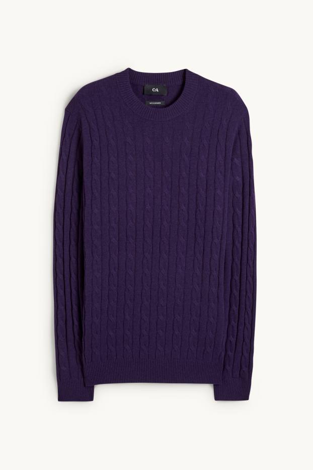 Men - Jumper with cashmere - wool blend - cable knit pattern - purple