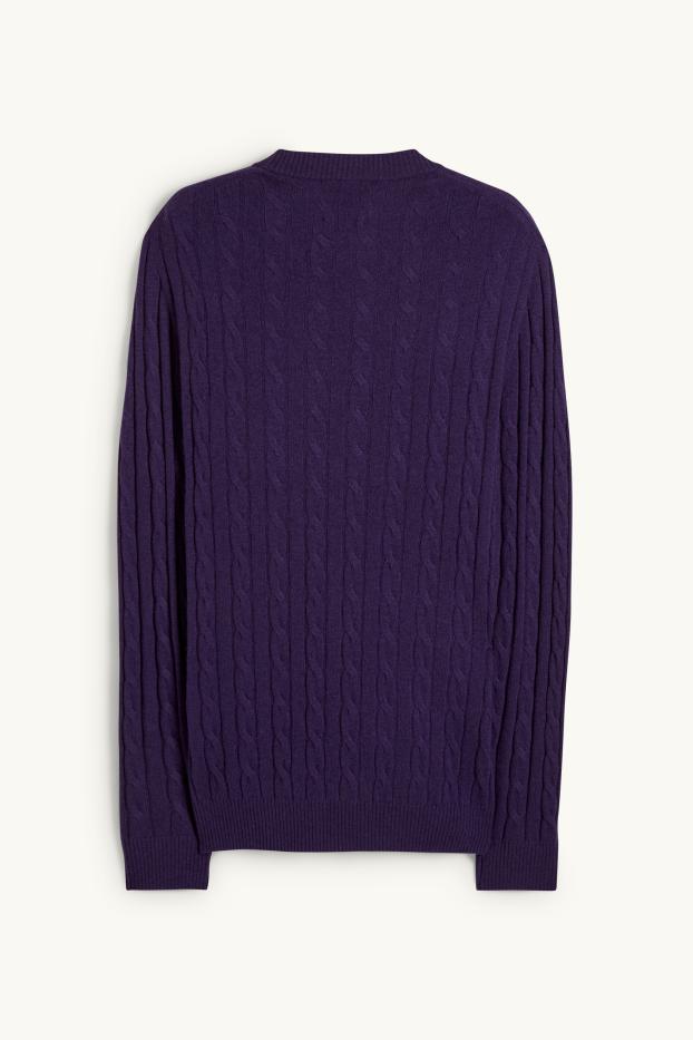 Men - Jumper with cashmere - wool blend - cable knit pattern - purple