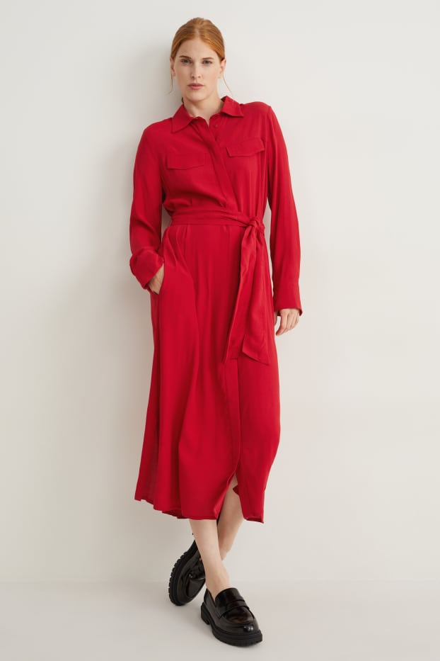Damen - Viskose-Blusenkleid - dunkelrot
