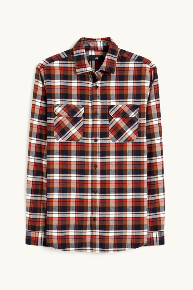 Men - Flannel shirt - regular fit - Kent collar - check - brown