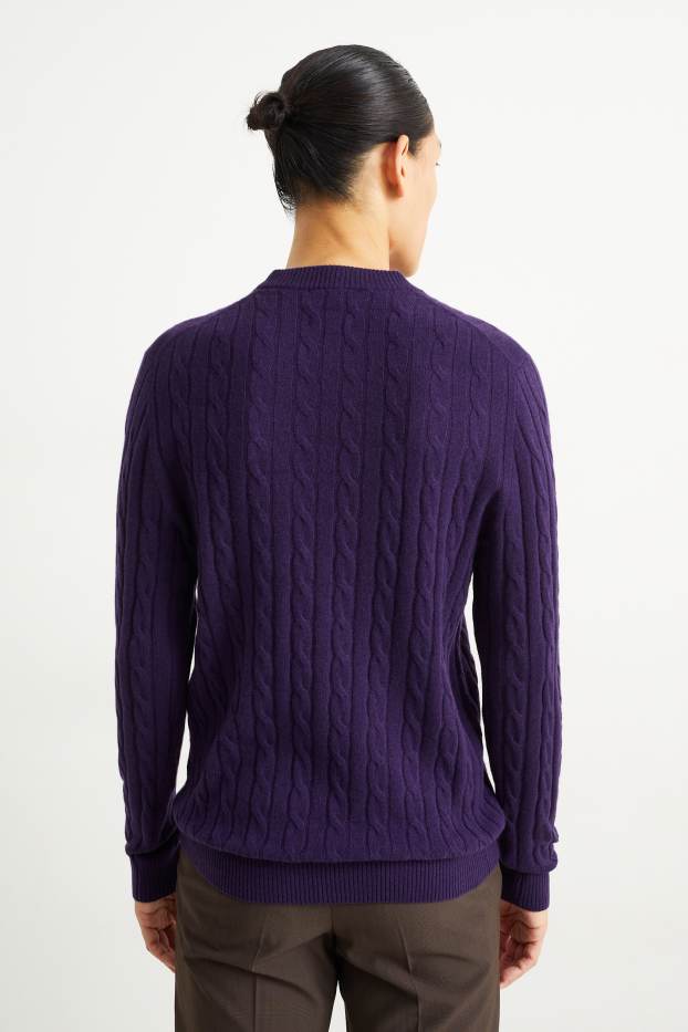 Men - Jumper with cashmere - wool blend - cable knit pattern - purple
