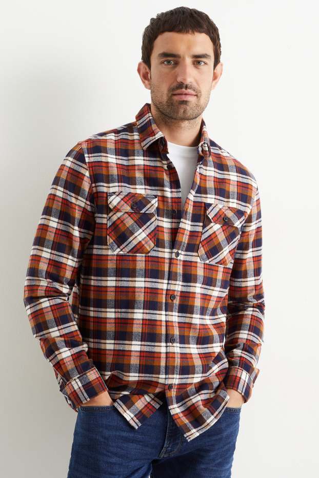 Men - Flannel shirt - regular fit - Kent collar - check - brown