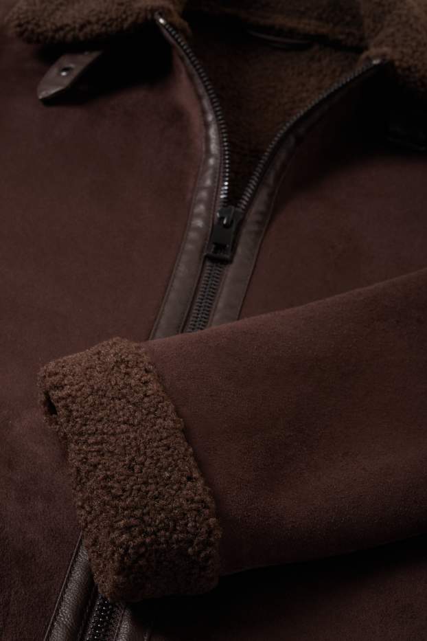 Herren - Faux Shearling Jacke - Velourslederimitat - dunkelbraun