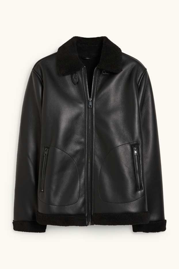 Men - Faux shearling jacket - faux leather - black