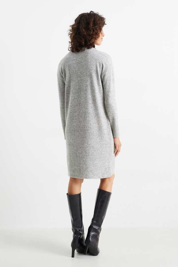 Damen - Basic-Strickkleid mit Stehkragen - hellgrau-melange