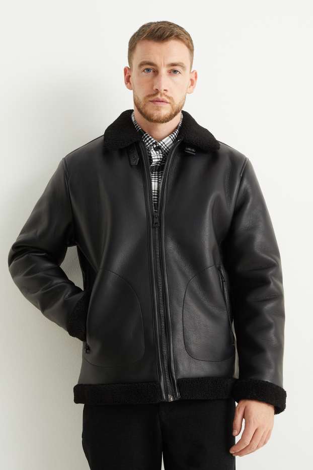 Men - Faux shearling jacket - faux leather - black