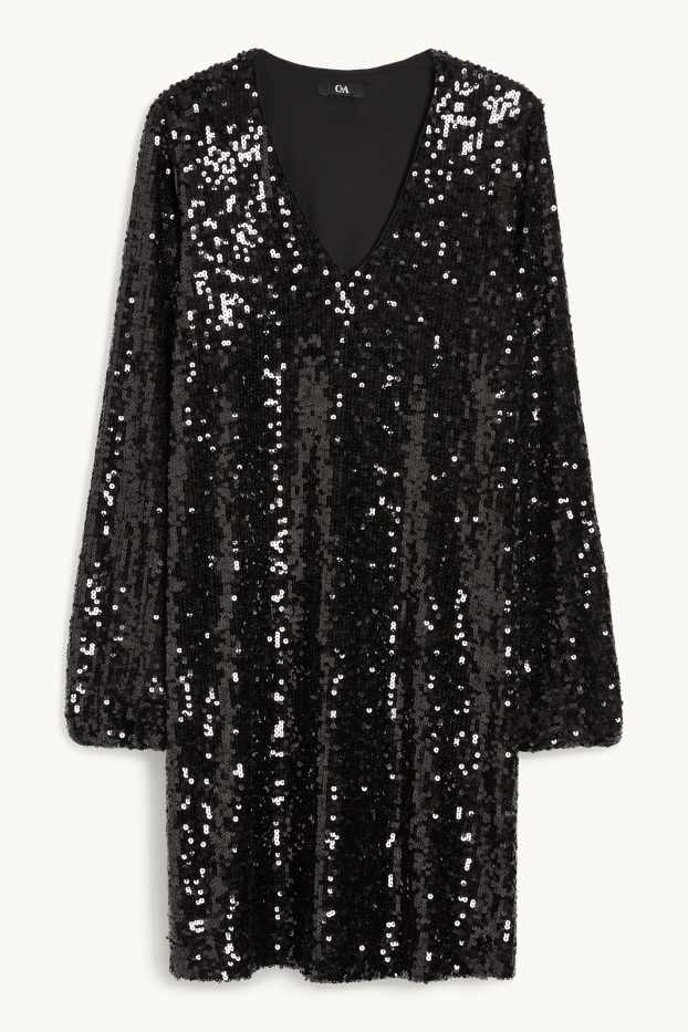 Femmes - Robe en sequins de forme évasée avec encolure en V - noir