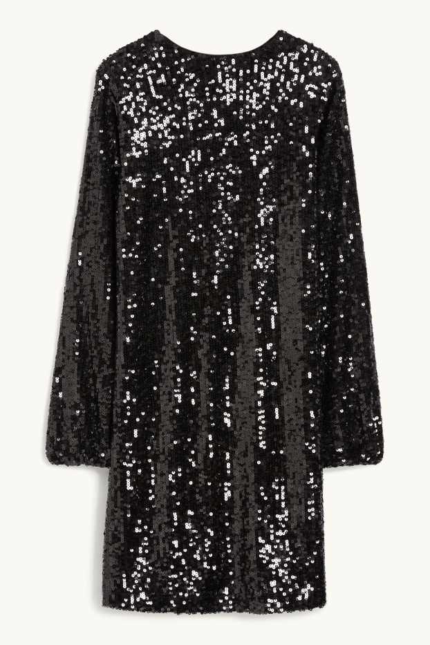 Femmes - Robe en sequins de forme évasée avec encolure en V - noir