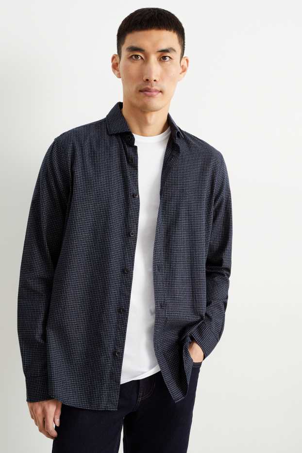 Home - Camisa - regular fit - cutaway - de quadres - blau fosc / blanc