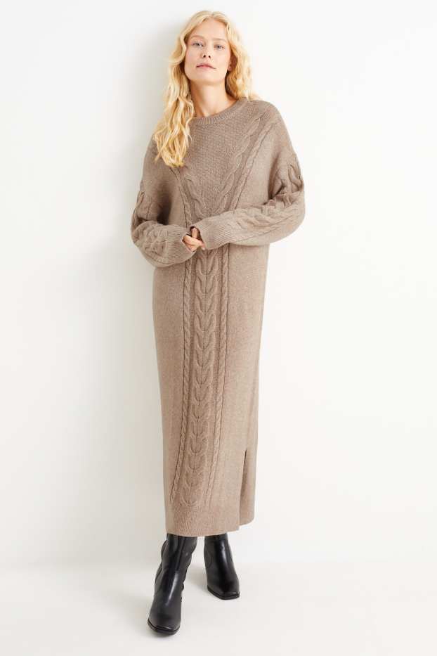 Damen - Strickkleid - Zopfmuster - taupe