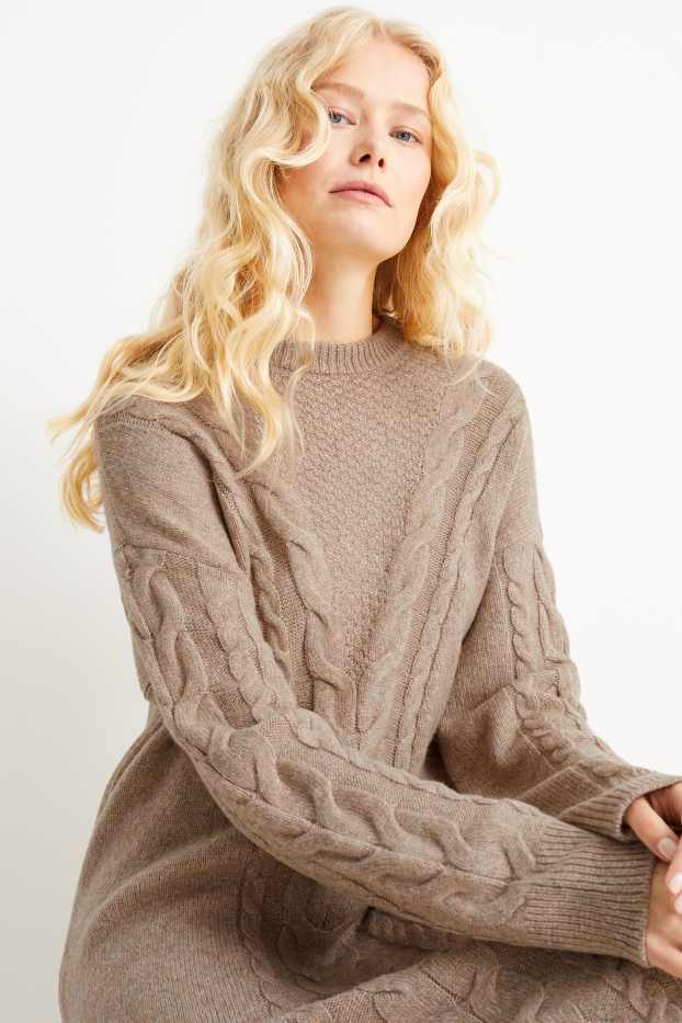 Damen - Strickkleid - Zopfmuster - taupe