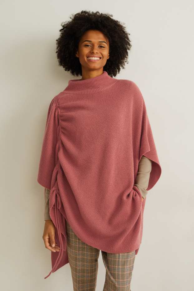 Mujer - Poncho de punto con mezcla de cachemir - rosa oscuro
