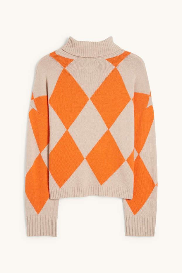 Women - Polo neck jumper with cashmere - check - orange