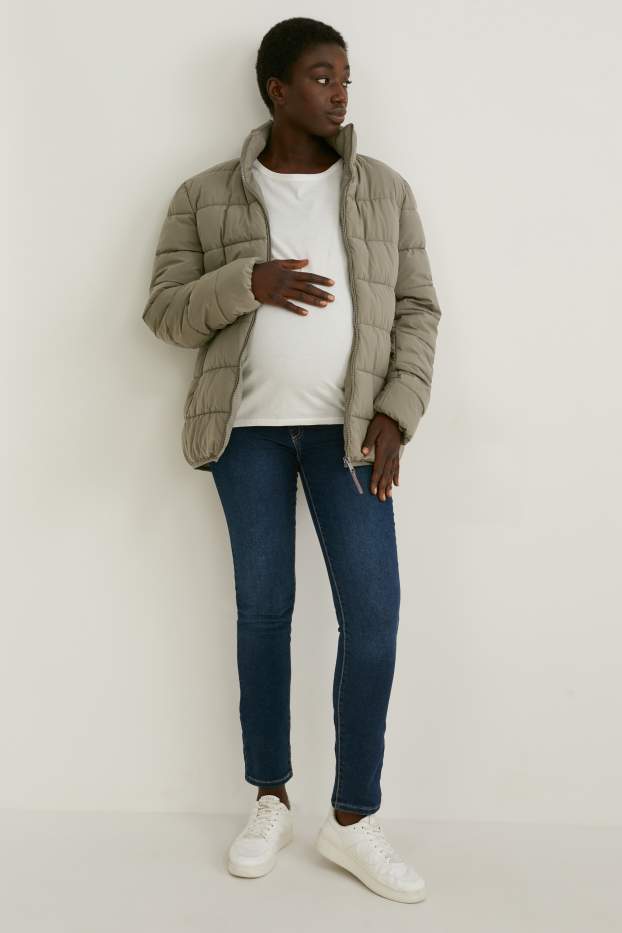 Women - Maternity quilted jacket with hood and baby puch - unisex - dark green