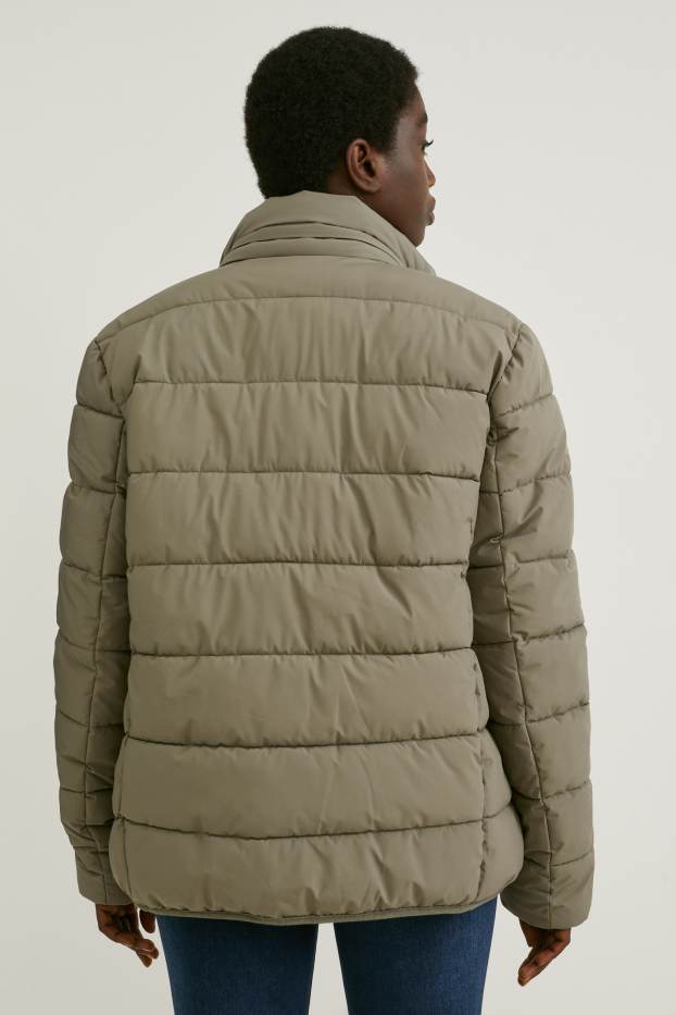 Women - Maternity quilted jacket with hood and baby puch - unisex - dark green