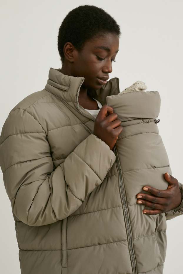 Women - Maternity quilted jacket with hood and baby puch - unisex - dark green