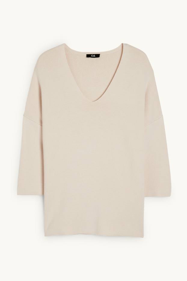 Damen - Basic-Pullover mit V-Ausschnitt - hellbeige