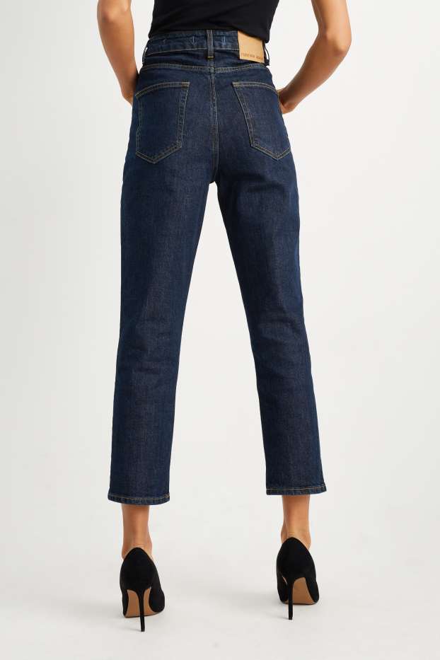 Women - Cropped straight jeans - high waist - blue denim