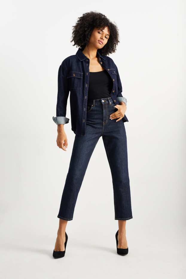 Women - Cropped straight jeans - high waist - blue denim