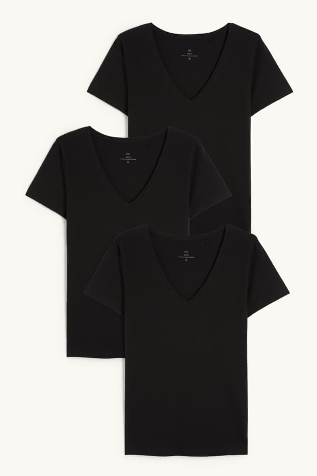 Dames - Set van 3 - basic T-shirt met V-hals - zwart